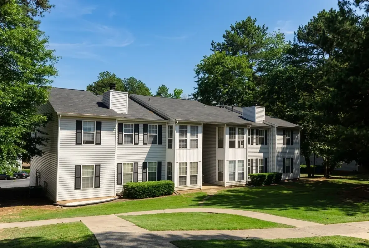 Two-story white apartment buildings with black shutters on a green lawn at The Woods at Shannon Lake